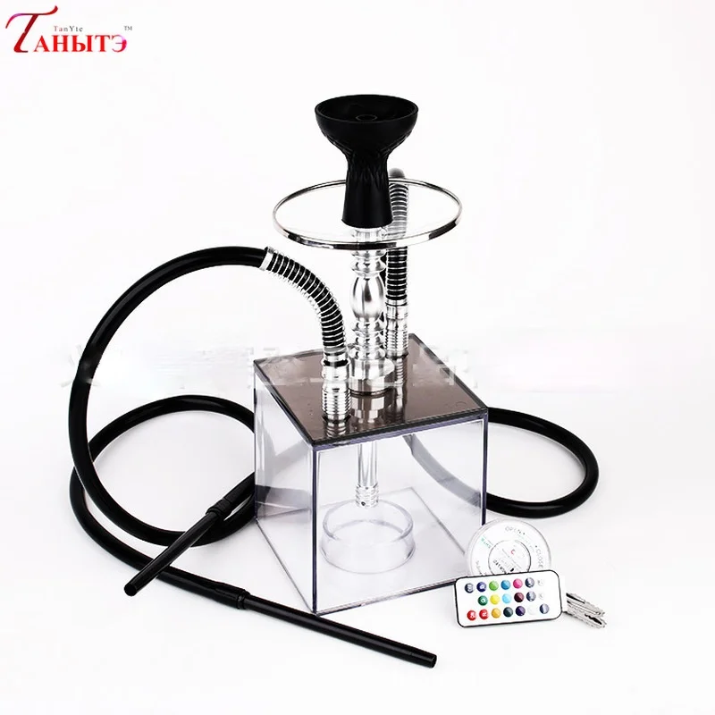 Double Tube Transparent Arab Led Hookah Shisha Set Popular Square Acrylic Aluminium Alloy Chicha Narguile Bottle  for Two Person