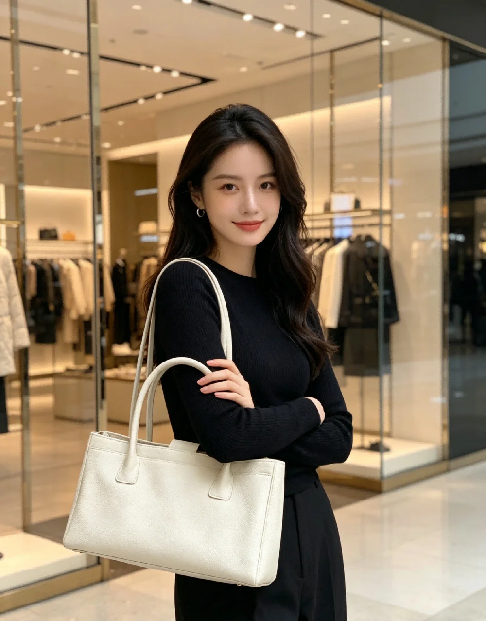 Women White Soft Leather Tote Shoulder Bag, Minimalist Casual Handbag for Work, Shopping and Daily Commute