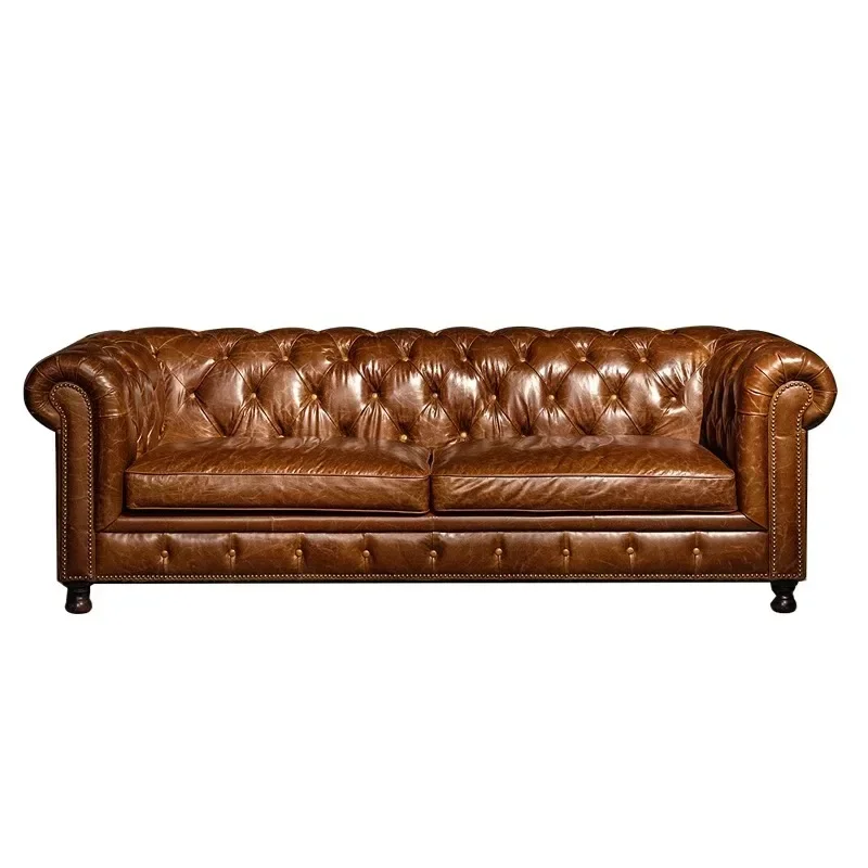 

Medieval leather Chesterfield sofa retro living room pull button oil wax cowhide sofa