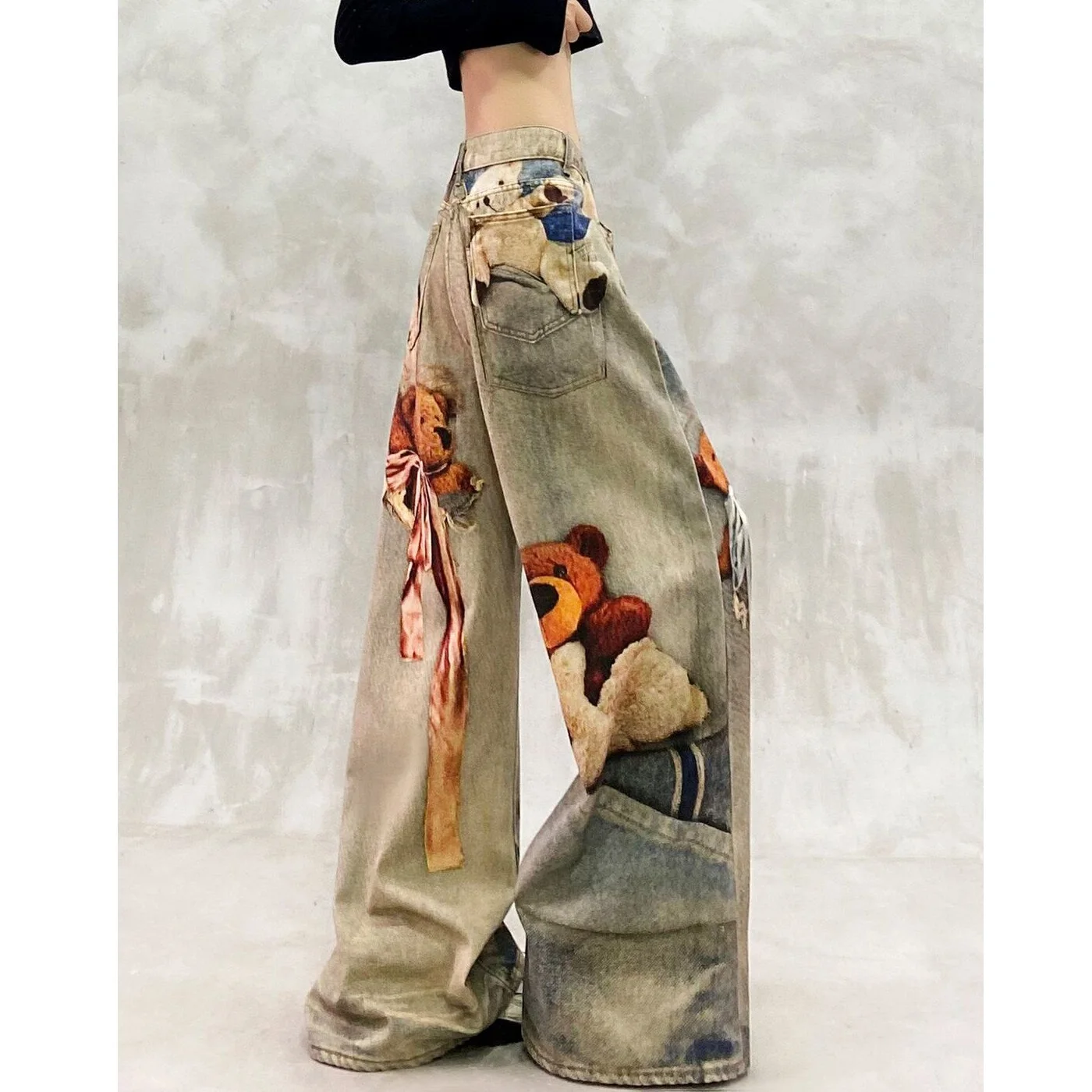 

CHIC Distressed Streetwear Straight Denim Jeans Women Vintage Vibe Cute 3D Bear Print Pants Japan Style Retro Trendy Trousers