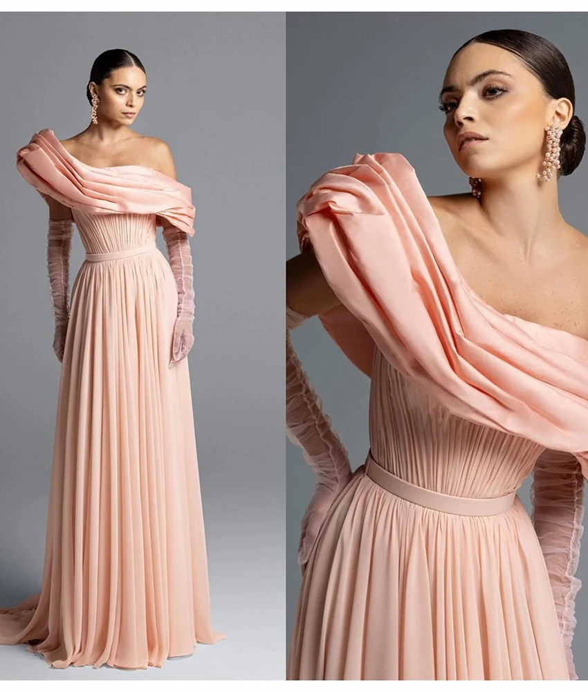 تخصيص رشيقة الشيفون ألف خط قبالة الكتف المتدرج حزام مساء اللباس حساسة طويلة الأكمام الطابق طول فساتين لحضور الحفلات الموسيقية