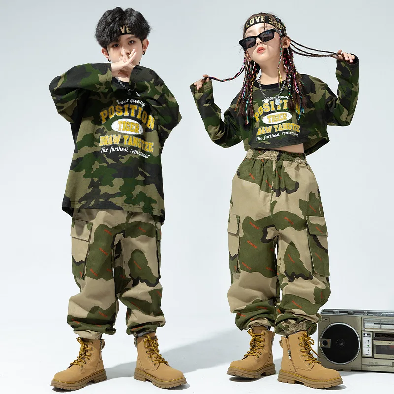 Hiphop Meisjes Camo Kleding Sets Lange Mouw Tops Hiphop Broek Voor Kinderen Optreden Moderne Danskleding Groepskleding