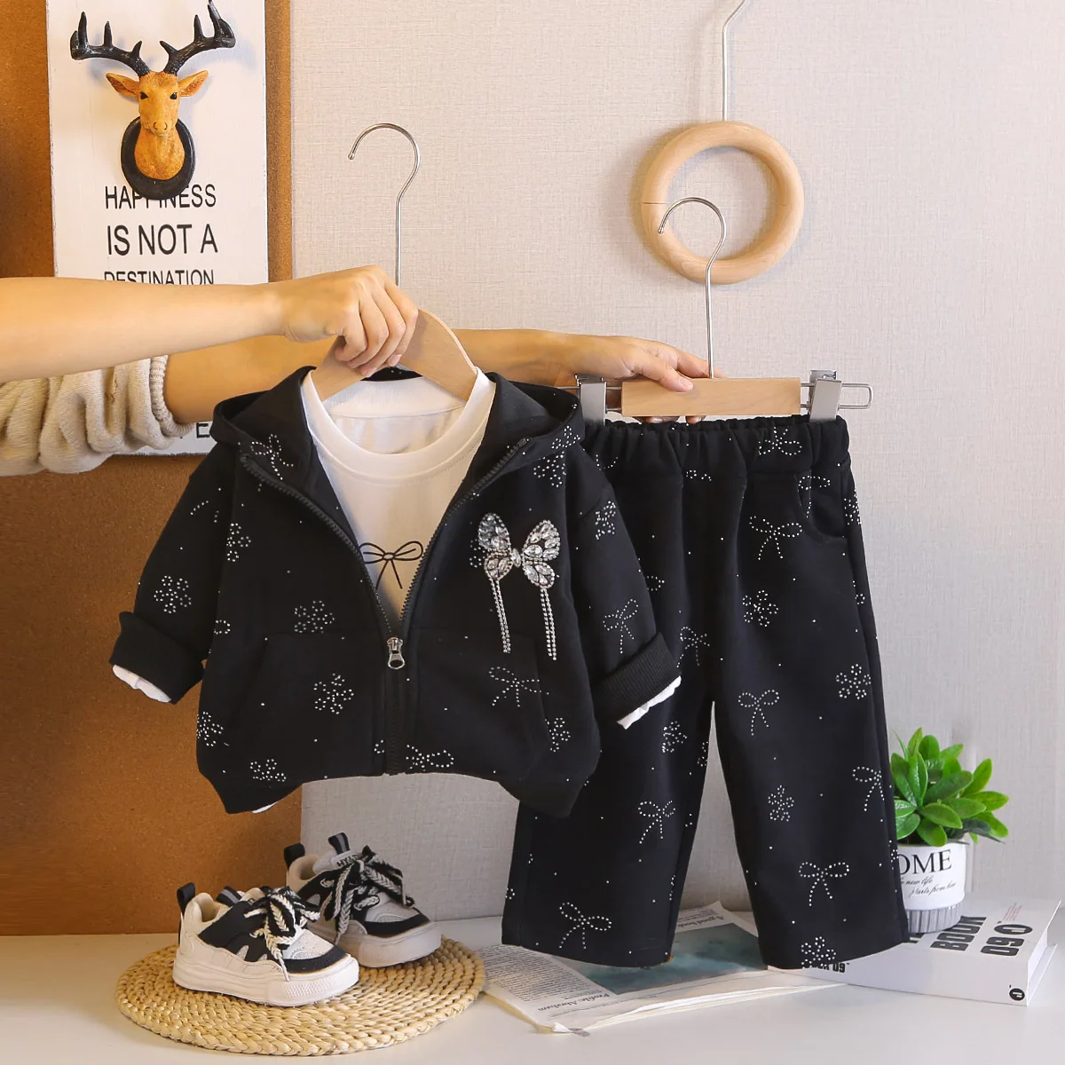 Toddler Girls Outfit 2026 New Baby Girl Clothes Fashion Rhinestone Hoodie Jacket + Bow T-Shirt + Pants Kids Sweet Spring Clothes
