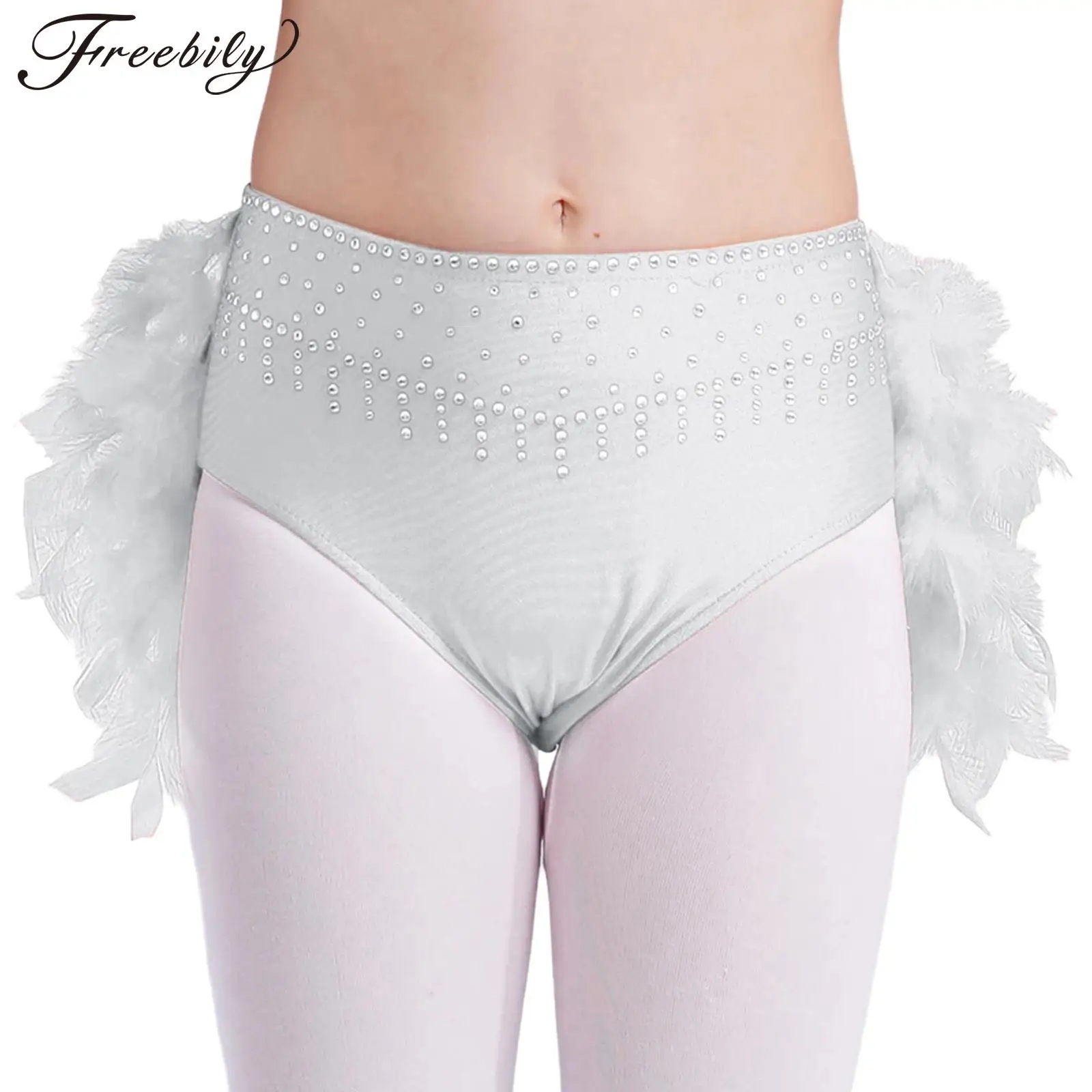 Kids Girls Latin Dance Bottoms Shiny Rhinestone Feather Briefs Lyrical Dancing Cha-cha Ballet Skating Stage Performance Costume