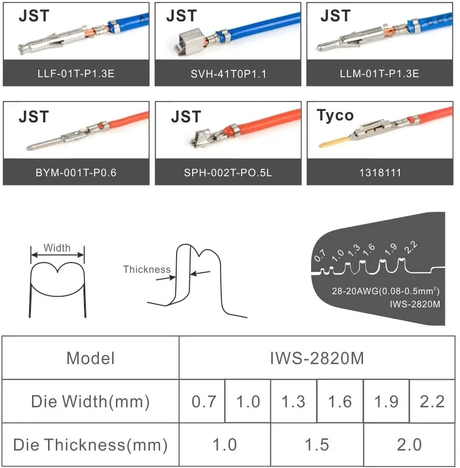 Imagem -06 - Iwiss-mini Open Barrel Crimping Alicate Mini Hand Crimper Tool Terminais e Conectores Awg2820 Jam Molex Jst Iws-2820m