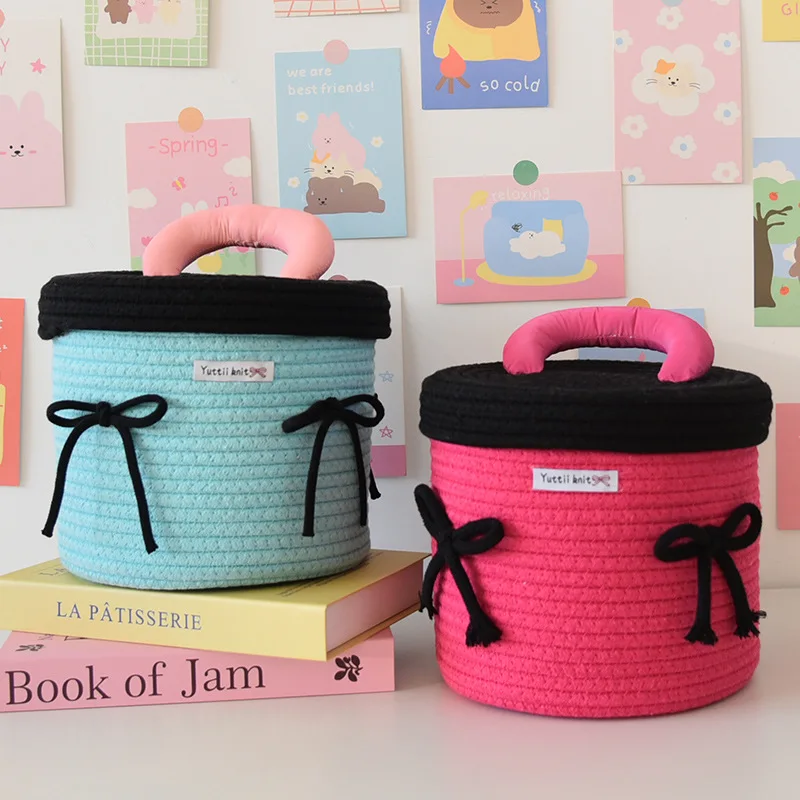 

Cartoon Round Toy Storage Basket, Desktop Woven with Lid, Snack Storage Box, Sundry Storage Basket, Decorative Storage Basket