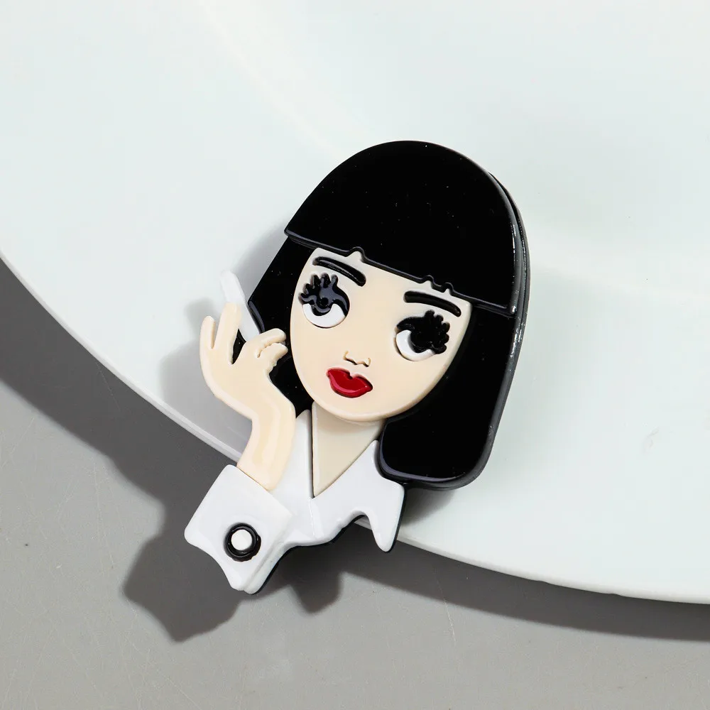 New Lady Cigarette Holder Acrylic Brooches Pins for Women's Clothing Cool Smoking Girl Figure Badge Office Jewelry Accessories