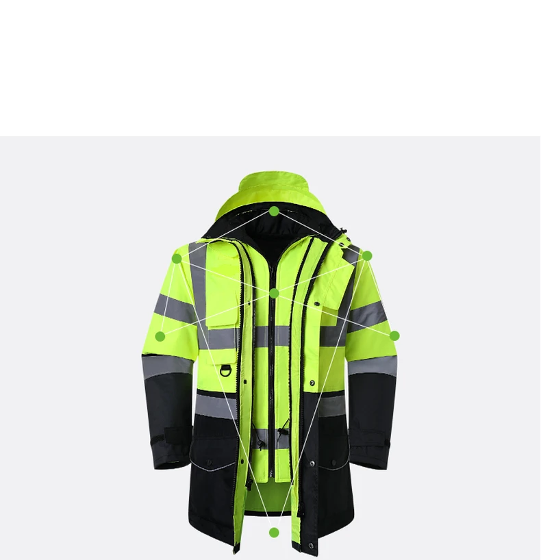 Safety Jacket Reflective Waterproof Windproof Coldproof Hi Vis 7 in 1 Parka Windbreaker Workwear with Detachable Cotton Linner