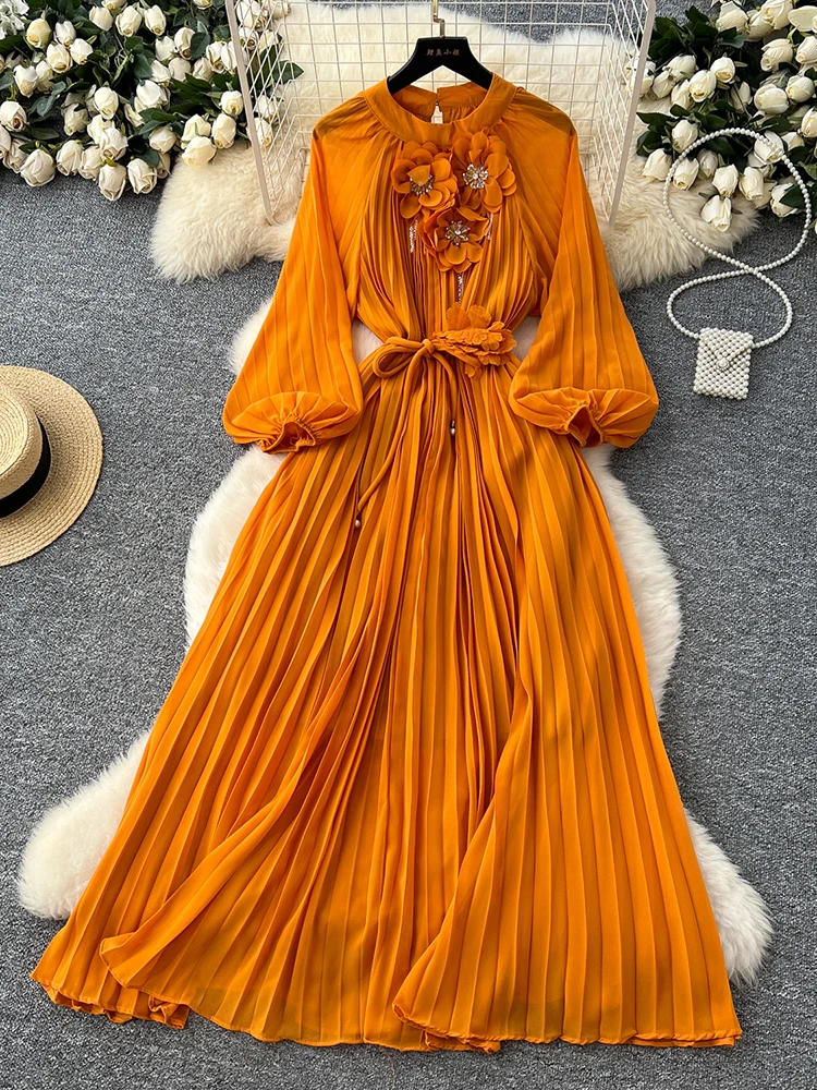 

2025 Spring Autumn Fashion Elegant Dress for Women New French 3D Floral Single Breasted Chiffon Long Sleeve Long Dress C226