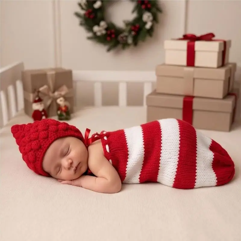 Christmas Newborn Photography Outfit Set with Knitted Pointed Hat and Wrap-Style Garment for Coordinated Holiday