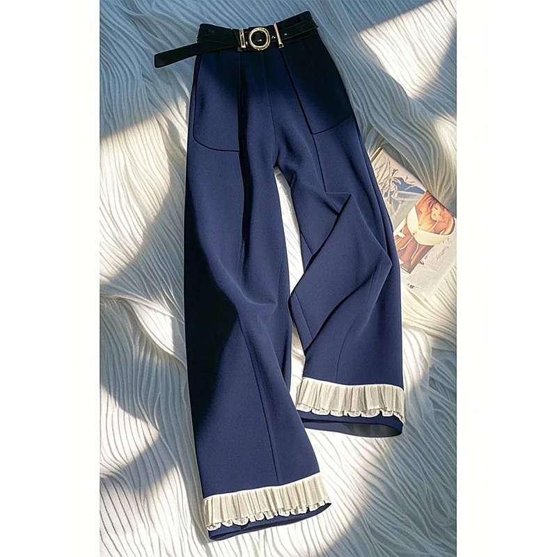New Popular Style: Petite-Friendly, High-End, Super Fit, Relaxed Style, Navy Blue Lace-Trimmed Wide-Leg