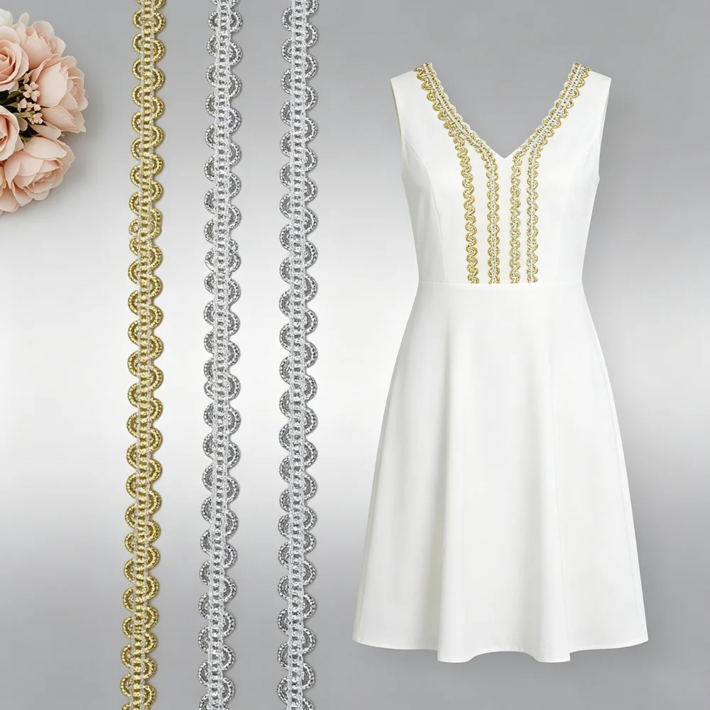 5 m/16,4 ft pro Packung, goldfarbenes, silberfarbenes, metallisches Blumen-Spitzenband, geeignet für Hochzeitskleider, zum Nähen, für DIY-Bastelarbeiten, zur Verzierung von Kleidungsstücken und