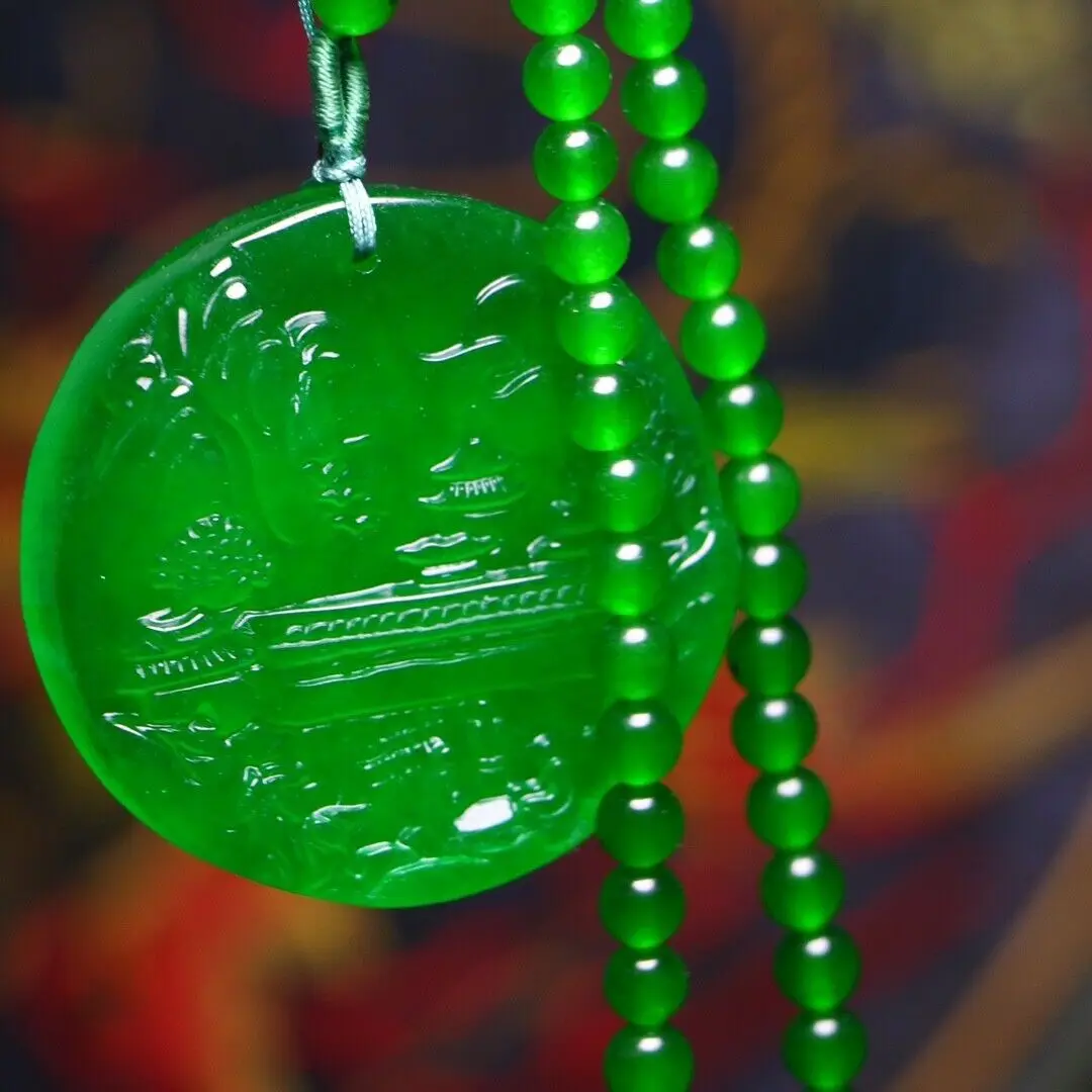 

Rare Natural Icy Jadeite Jade Perfect High ice Seiko carving landscape Pendant