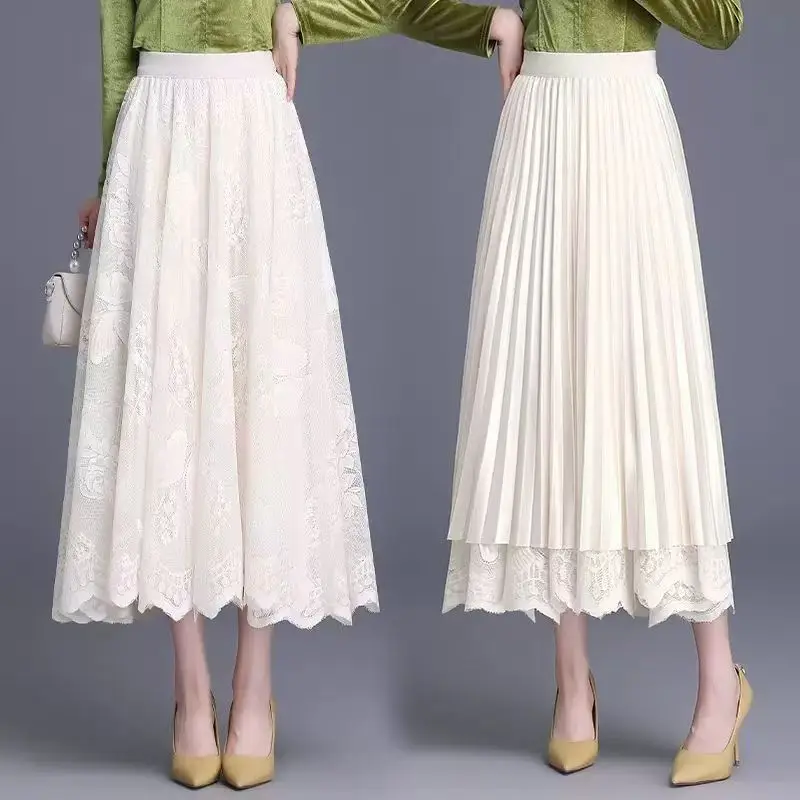 

Autumn/Winter Lace Pleated Skirt Women High Waisted Work Party Midi Long Skirt Gray Black