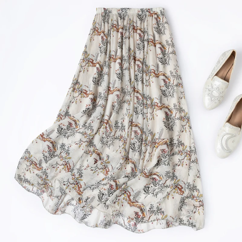 

Женская шелковая юбка из 100% тутового шелка с принтом птиц, на резинке, с шелковой подкладкой, летняя пляжная модель 2026 года, с широким подолом, M1578