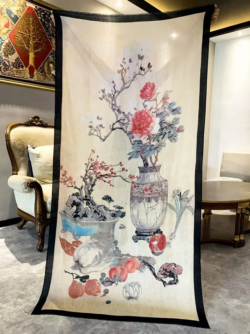 High-end Elegant Women Exquisite Classic Ink Painting Printed Quality Water Soluble Wool Handcrafted Fringe Soft Warm Long Scarf