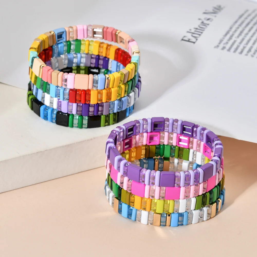 Elegant Fashion Boho Style Enamel Geometric Beads Stretch Rainbow Lucky Women\'s Bracelet Bangle DIY Beaded Couple Jewelry