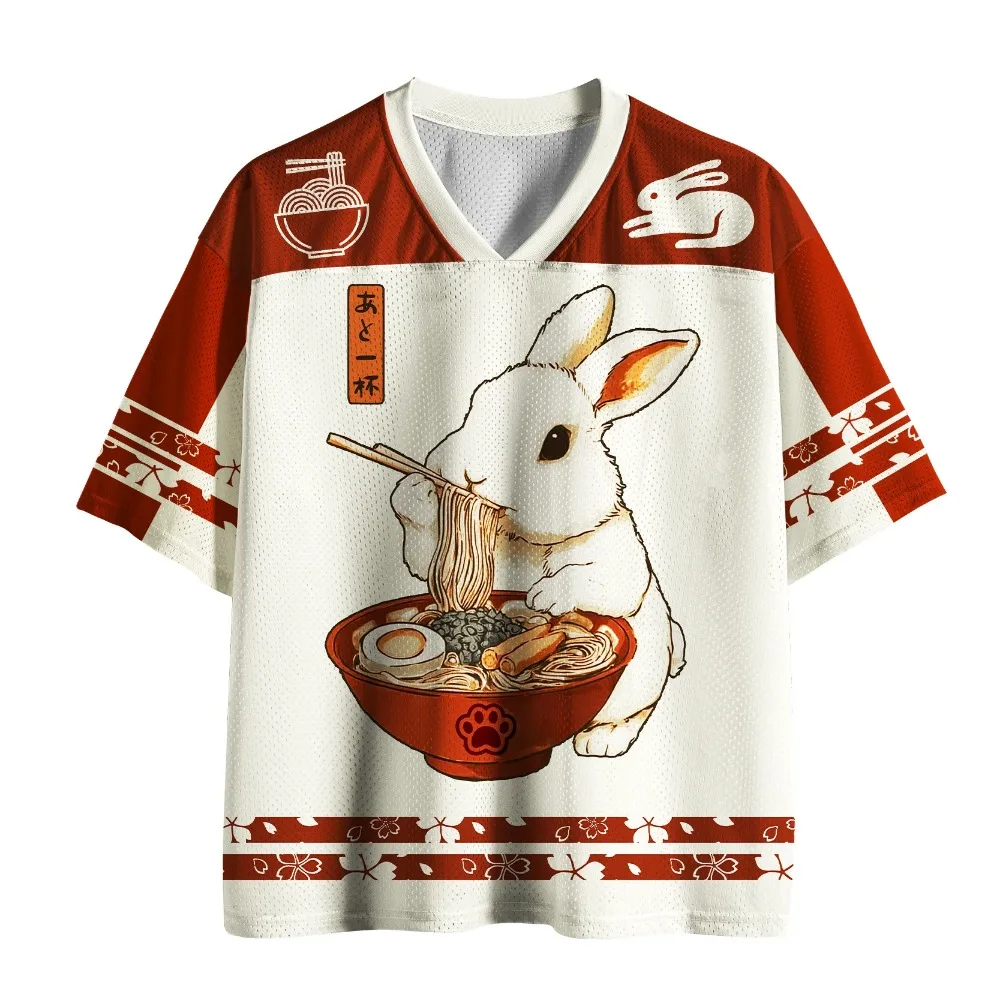 Japanese Cute Rabbit Eating Ramen 3D Print Breatha Quick-dry Men's V-neck Plus-size T-shirt Streetwear Y2K Parent-child Clothing