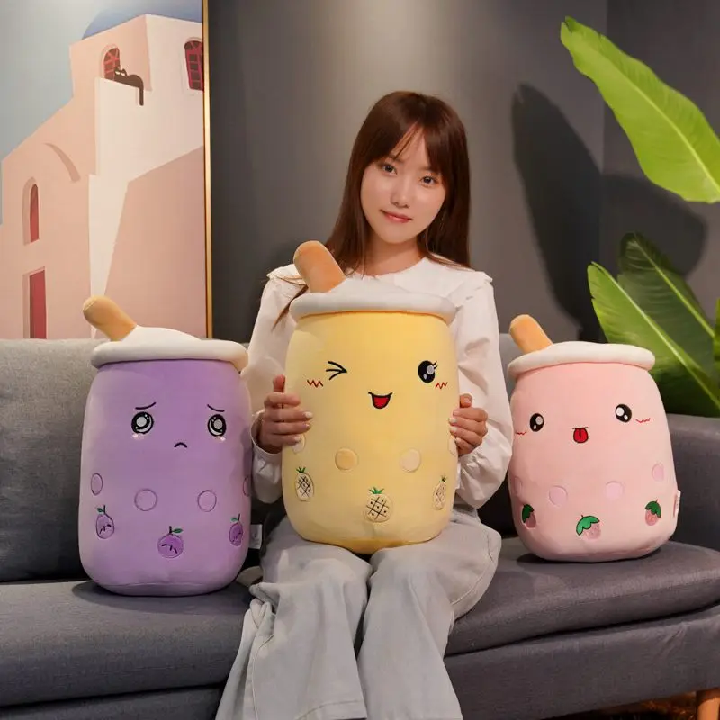 50cm Cute Fat Fruit Drink Plush Toy Soft Stuffed Pink Strawberry Taste Milk Tea Hug Pillow Tapioca Balls Bubble Tea Cushion