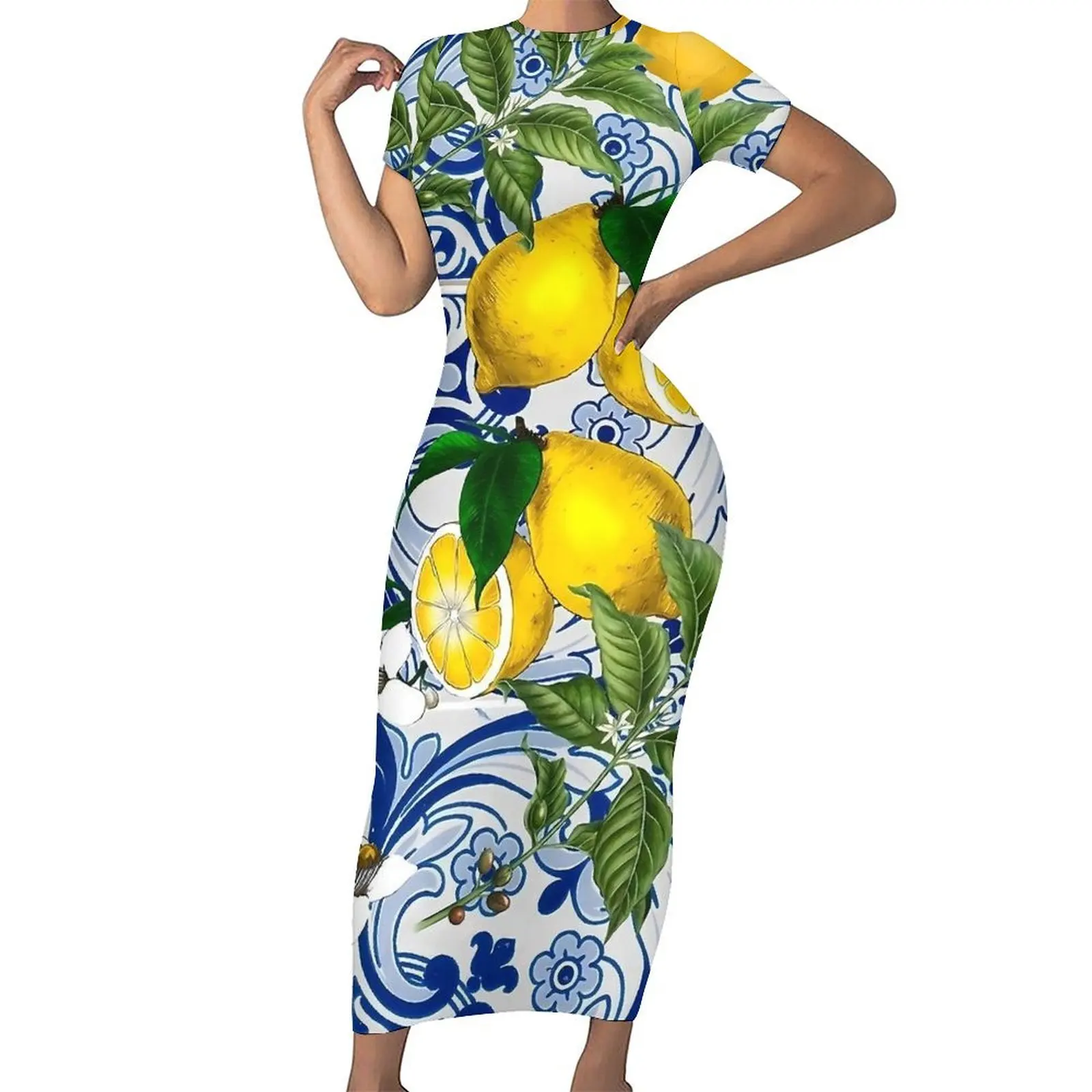 Retro Lemon on Blue Ceramic Tiles Dress Short Sleeve Street Style Maxi Dresses Club Bodycon Dress Women Design Oversized Vestido