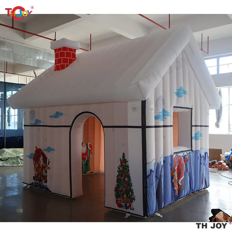 زينة عطلة خارجية بيضاء قابلة للنفخ لعيد الميلاد مع أضواء بيضاء، خيمة منزل سانتا المحمولة للحفلات الاحتفالية