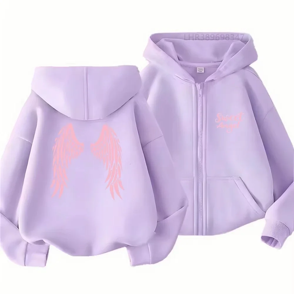 Lovely Kids Front Text Back Angel Wings Print Zip Up Hooded Jacket Fashion Loose Long Sleeve Outerwear For Girls