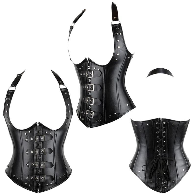 

Faux Leather Halter Neck Underbust Vest Black Red Corset Top Rivets Buckles Waist Bustier Steel Boned Corselet