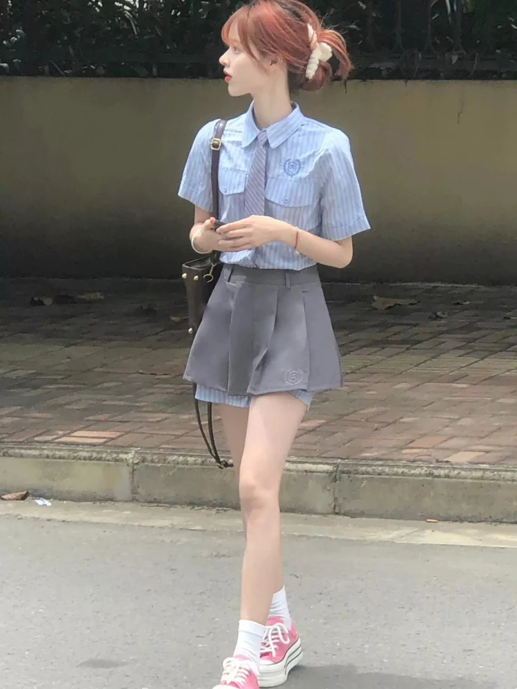 

Briti College Sle Set Small Girls Summer Korean Jk orm irt Pleated Skirt Two Piece Set ort Sve Collar Button