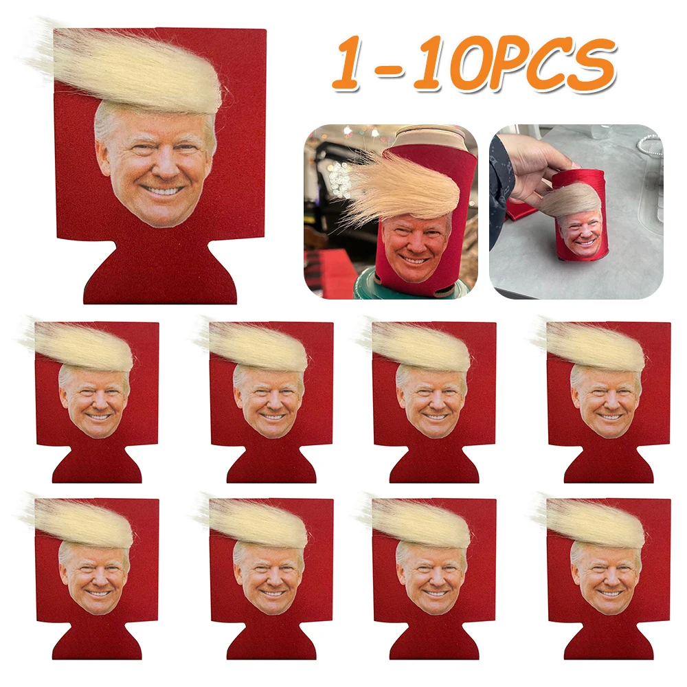 10-1pcs Trump Funny Hair Beer Can Cooler Non-Slip Donald Trump Drink Insulated Sleeves Reusable Drink Can Cooler for Cans Bottle