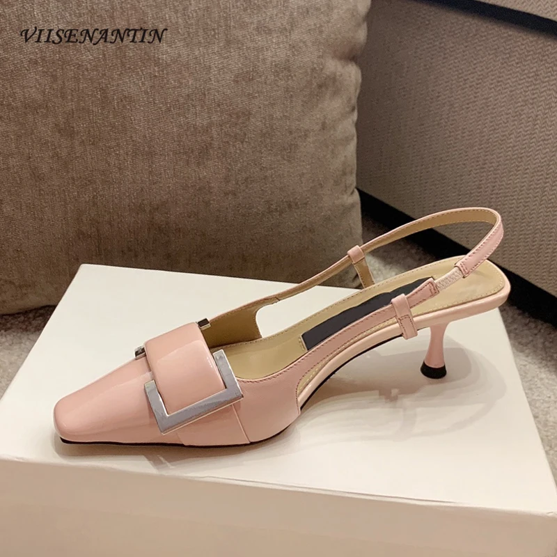 

Big Metal Buckle Decor Small Square Toe Pumps Women Kitten Heel Slingback Sandals Genuine Leather Solid Office Lady Shoes Newest