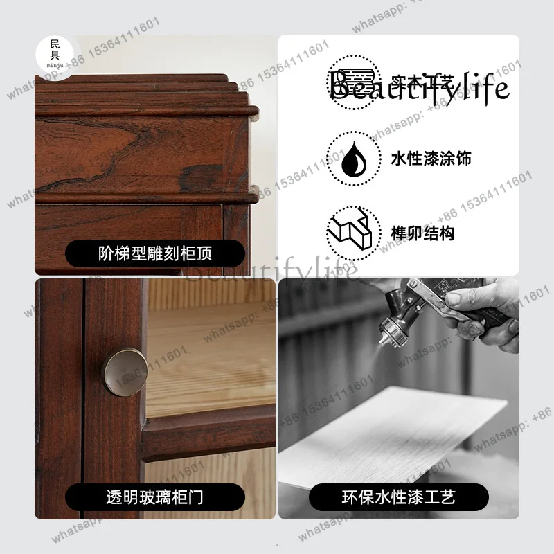 خزانة عرض زجاجية من الخشب الصلب للمنزل القديم الأمريكي الريفي القديم، خزانة جانبية عالية طبق الأصل من اليابانية العتيقة