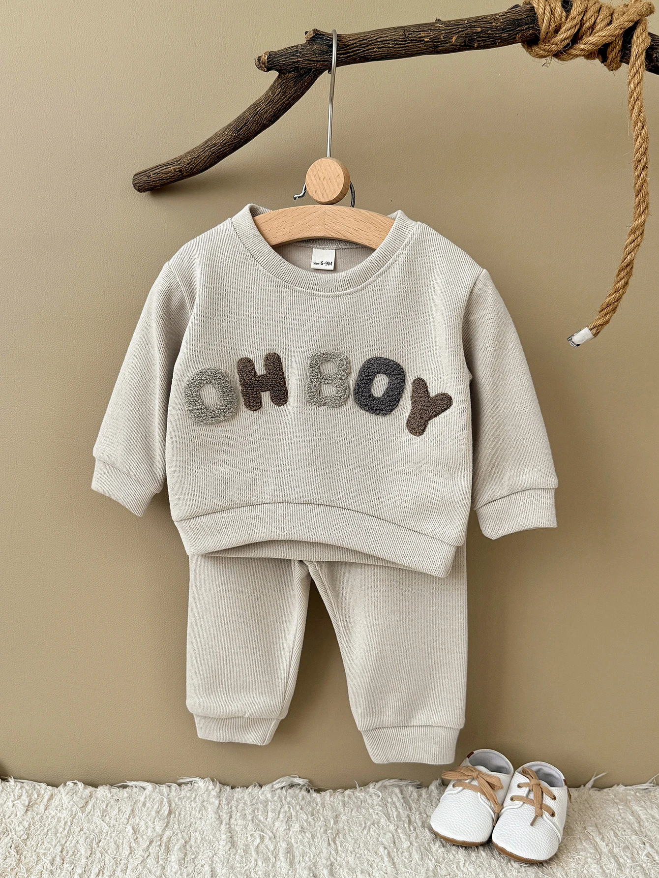 Spring Autumn Baby Boy Letter Towel Embroidery Sweatshirt Set Crew Neck Waffle Top Jogger Pants Infant 2Pcs Outfit