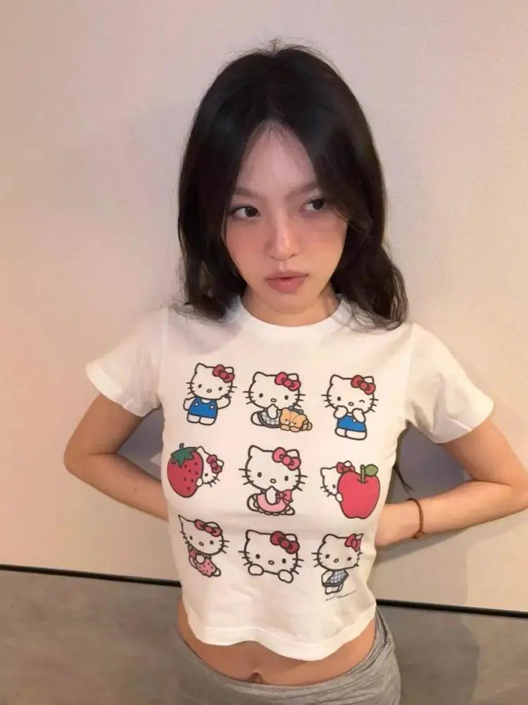 Summer Kawaii Hello Kitty Print Graphic T Shirts Woman Clothes Short Sleeve Japan Style Slim 2000s Clothes Y2k Tees Female Chic