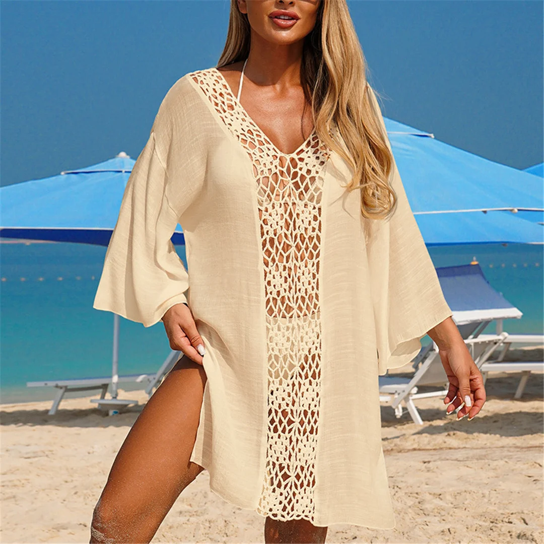V-Ausschnitt, lange Ärmel, mit Ausschnitten versehen, gehäkelt, gestricktes Tunika-Oberteil, Strandkleid, Strandbekleidung, Damen-Strandkleid, Strandüberwurf, Damen V7580 – Detail 12