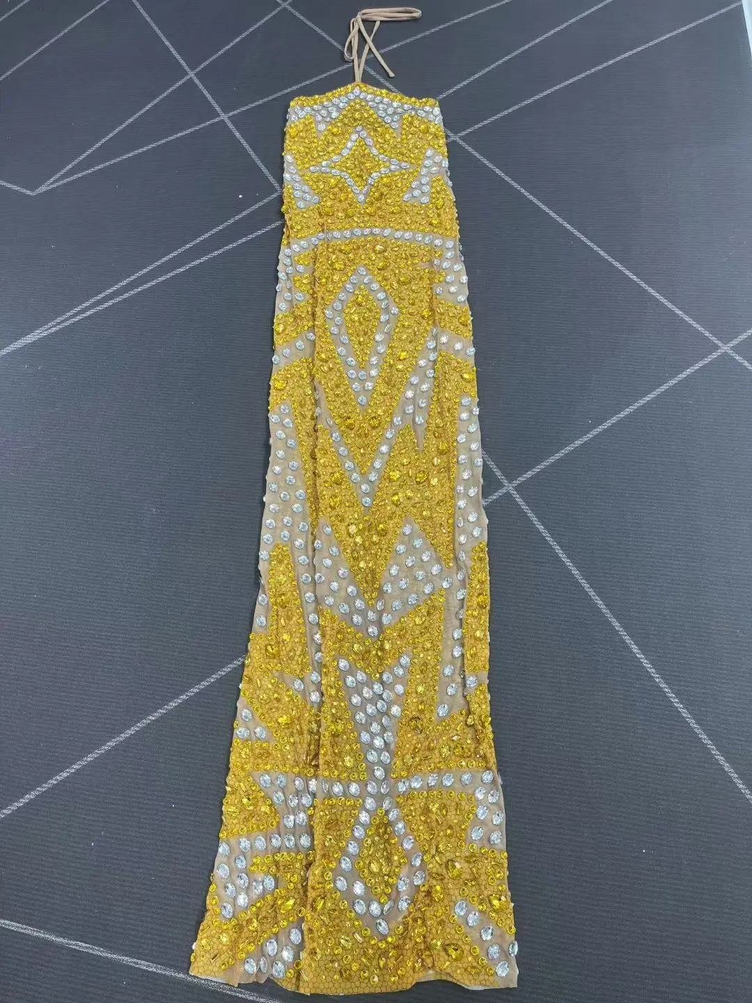 Jinjingying Luxury Dubai Evening Dress Gold Diamond Sexy Perspective Mesh Hanging Neck Dress Banquet Birthday Cocktail Dress