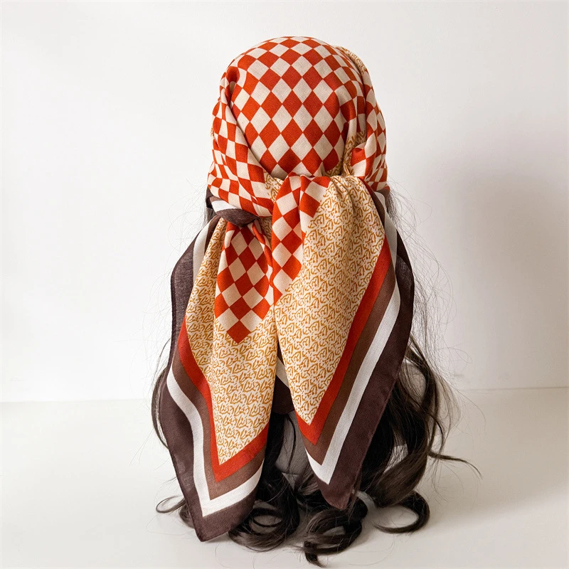 

2026 New Arrival Lattice Print Square Silk Scarf for Women Muslim Hijab Lady Neckerchief Shawl Wraps Hijab Bandana Headband