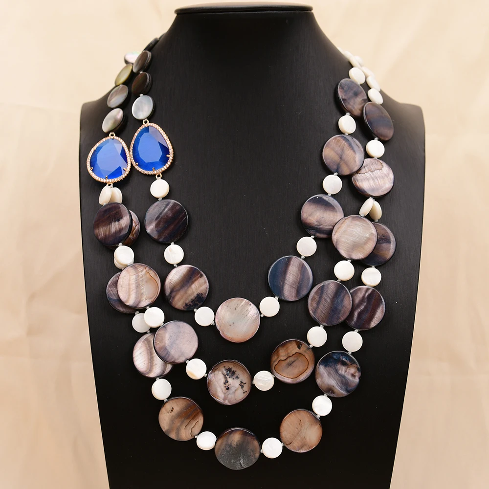 APDGG A81 Handmade 3 Rows Natural Mix Stone White Black Shell Blue Crystal Multi Strands Necklace