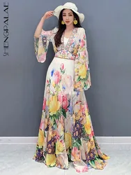 SHENGPALAE 2024 Summer New Chiffon Printed Dress For Women Elegant Vintage V-neck Flare Sleeve Floor Length A-line Vestido R9449