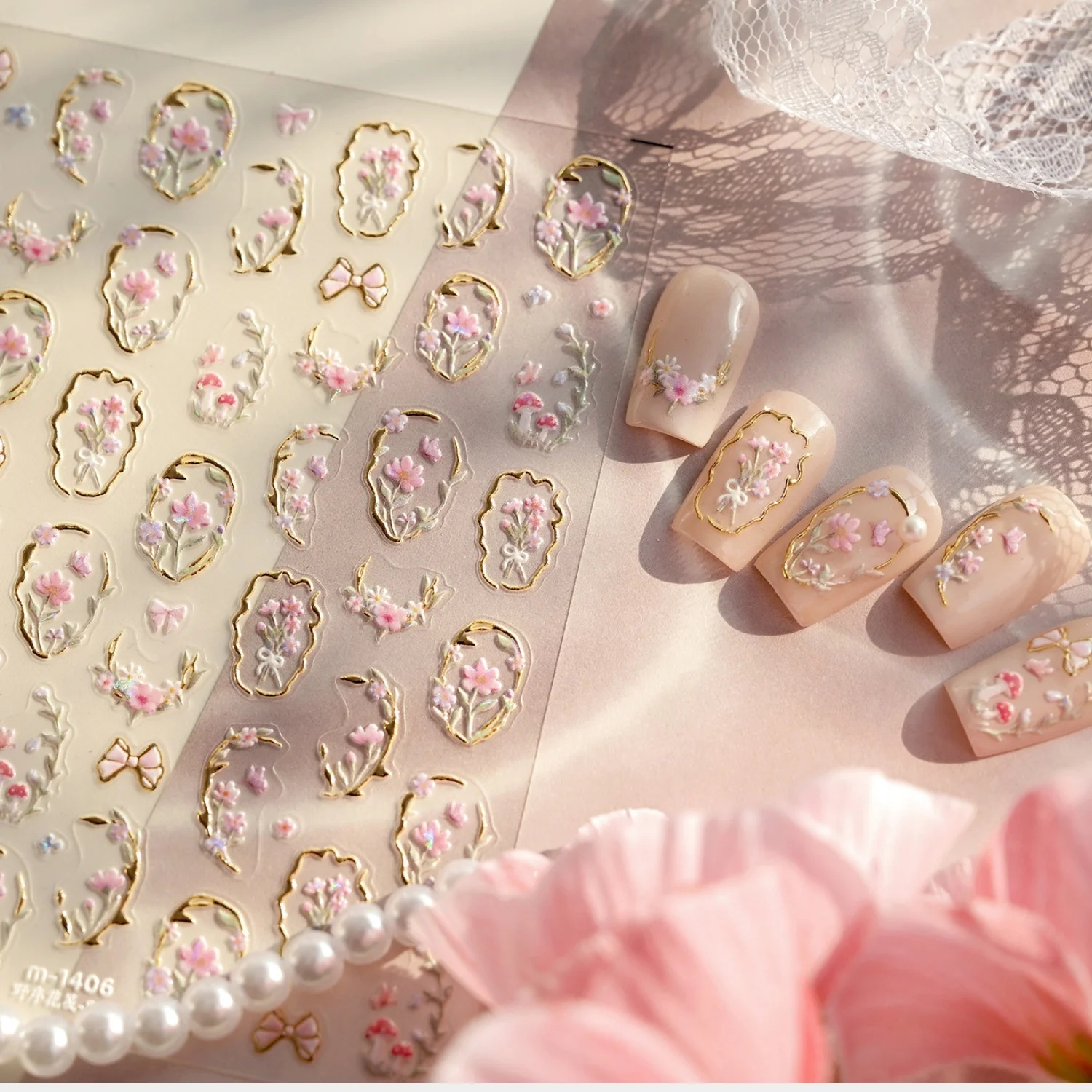 French Vintage Palace 5D Nail Decals Retro Window Golden Embossed Border Pink Floral Leaves Self Adhesive Nail Art Stickers DIY