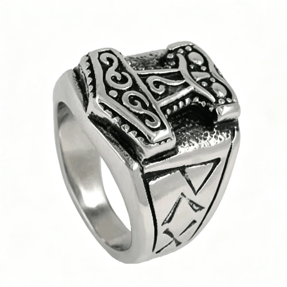 Tribal Symbol Myth Thor Hammer Ring Stainless Steel Jewelry Norse Viking Biker Mens Ring
