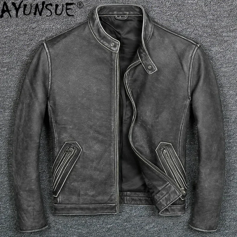 Real Leather Jacket Men Motorcycle Genuine Leather Vintage Sheepskin Coat Cowhide Plus Size Chaqueta Cuero Hombre 1805