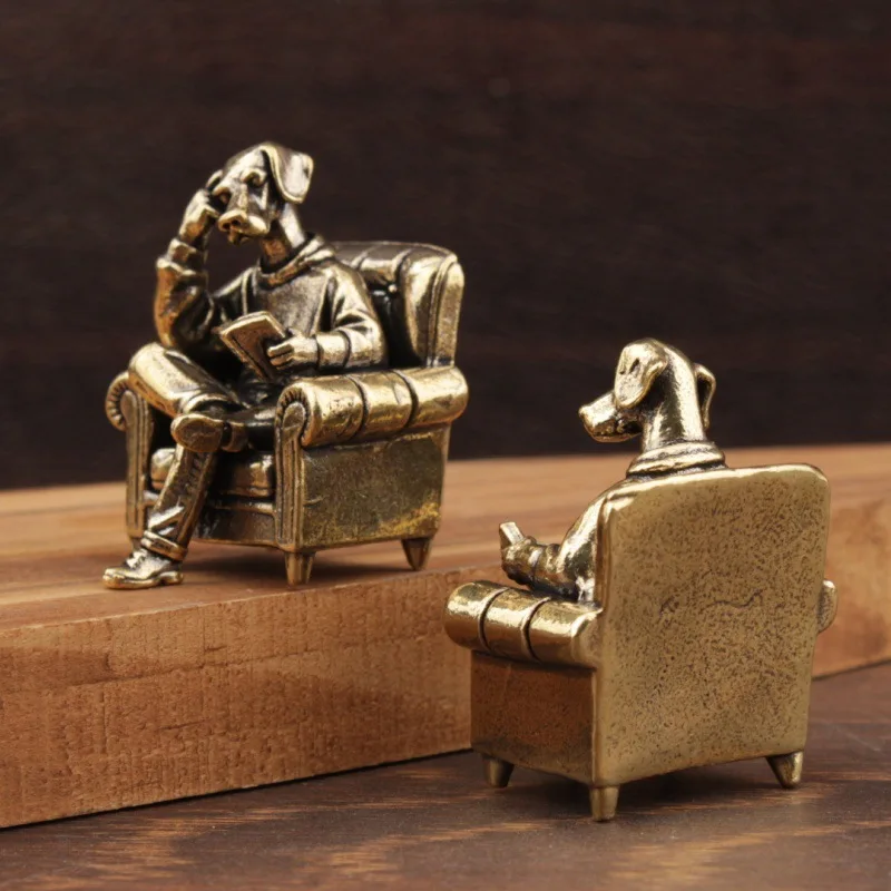 Brass Noble Puppy Reading Book Figurine, Hot-selling Cross-border Product, Metal Animal Statue Model Figure
