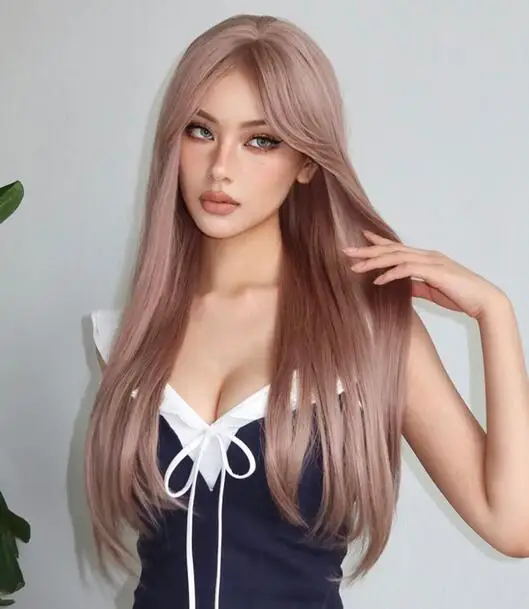 

Rose Pink Blonde Long Straight Synthetic Hair Wigs Colorful Cosplay Halloween Wig with Bangs for Women Afro Daily Heat Resistant