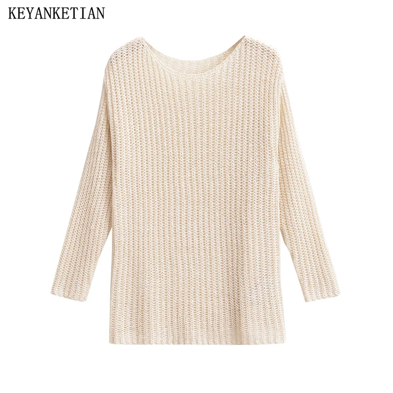 

Осенний Новый женский пуловер KEYANKETIAN средней длины, свитер с круглым вырезом и длинным рукавом, Простое Повседневное свободное однотонное трикотажное платье