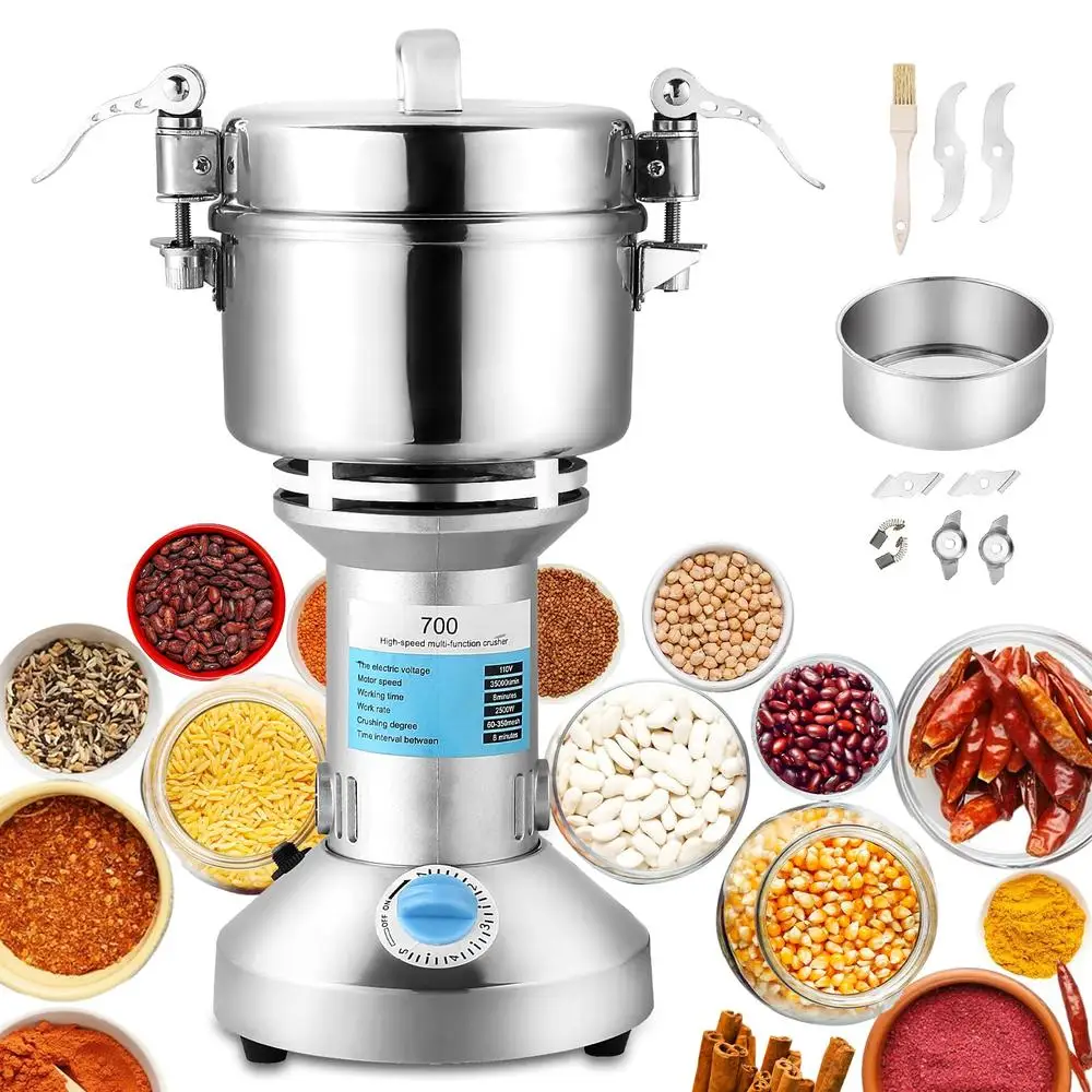 Electric Grain Mill Grinder 2500W 700g Stainless Steel High Speed Spice Herb Commercial 60-350 Mesh 35000RPM Smoothly Grinding