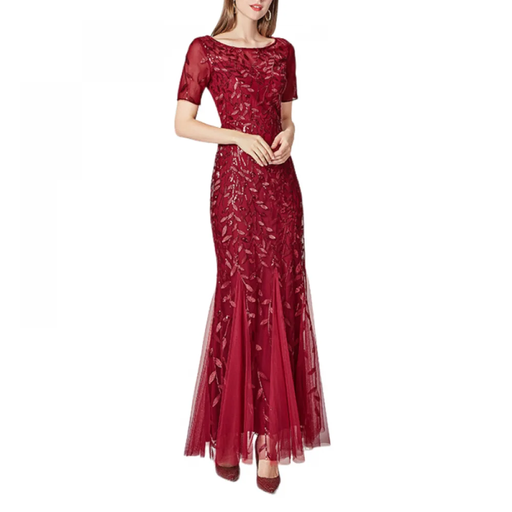 Falda de cola de pez de lentejuelas de manga corta, vestido de dama de honor ajustado, vestido de noche de banquete de lujo ligero, Vestido largo de invitados de boda