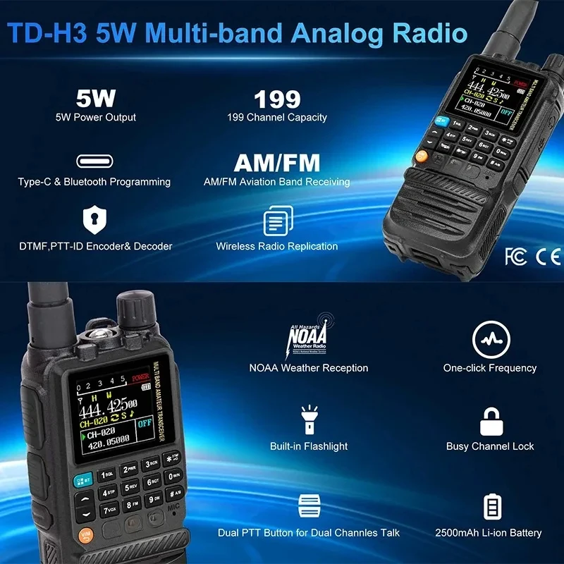 TD-H3 Two Way Radio Walkie Talkie 5W Black Ham Radio Transceiver Wireless Handheld AM FM Walkie Talkies Talkies