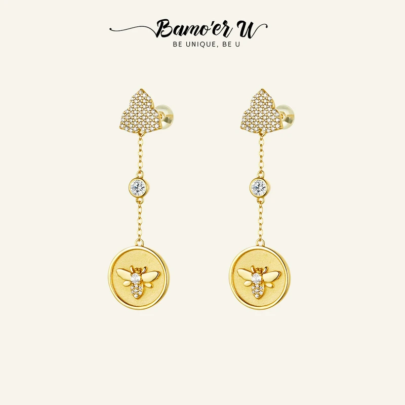 BAMOER U 925 Sterling Silver Lucky Bee Triangle Plum Hoop Earrings, Plated In Gold Fashion Zircon Ear Jewelry