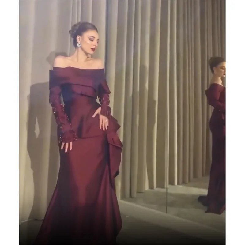 

Exquisite Mermaid Evening Dress Off The Shoulder Long Sleeves Satin Beading Prom Dress Customize Special Occasions 2024 New