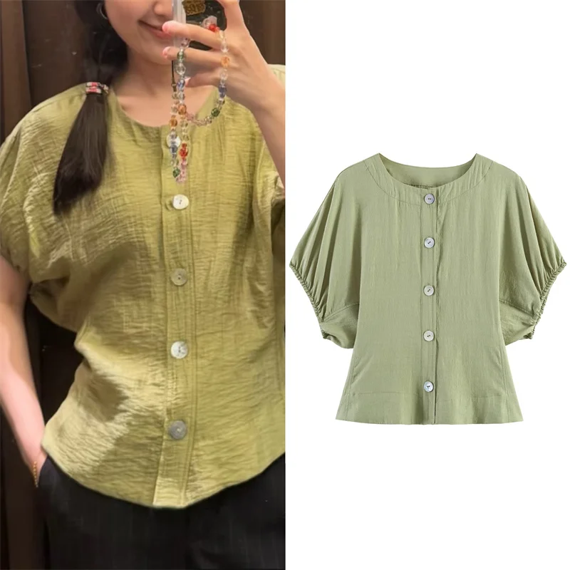 

Women's Shirt 2026 Spring New Style Green Short Sleeve Puff Sleeve Button Decor Loose Top Casual Fashion Vacation Style